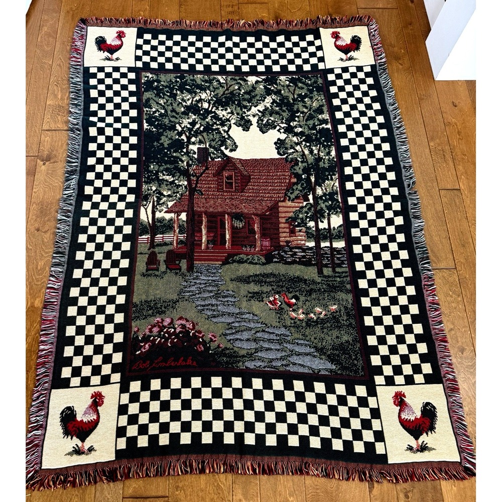 Bob Timberlake Rooster Cabin Woven Throw Blanket Buffalo Check 100% Cotton USA